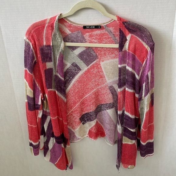 Nic+Zoe Open Knit Crop Cardigan Linen Blend Color Block Size LP - Picture 1 of 5